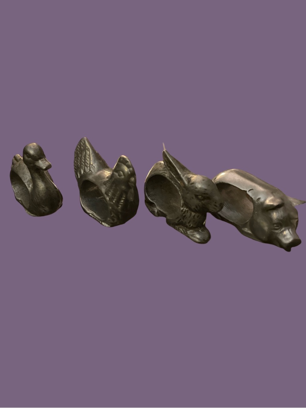 Vintage Pewter Metal Napkin Rings Set Of 4 Farm Animals: Hen, Bunny, Pig, & Duck